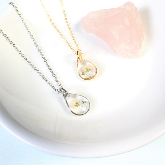 Dainty baby's breath necklaces, small pressed flower teardrop pendants, dried white flowers, resin jewelry, handmade handcrafted nature gift