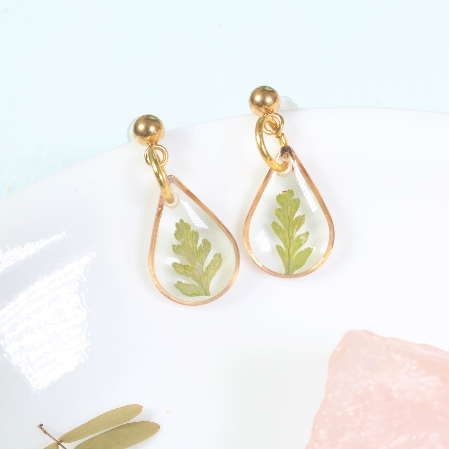 Fern Dangle Earrings, Pressed Leaf Teardrop Earrings, Real Plant Jewelry, Lightweight, Resin, Handmade, Pressed Flowers, Gold, Silver