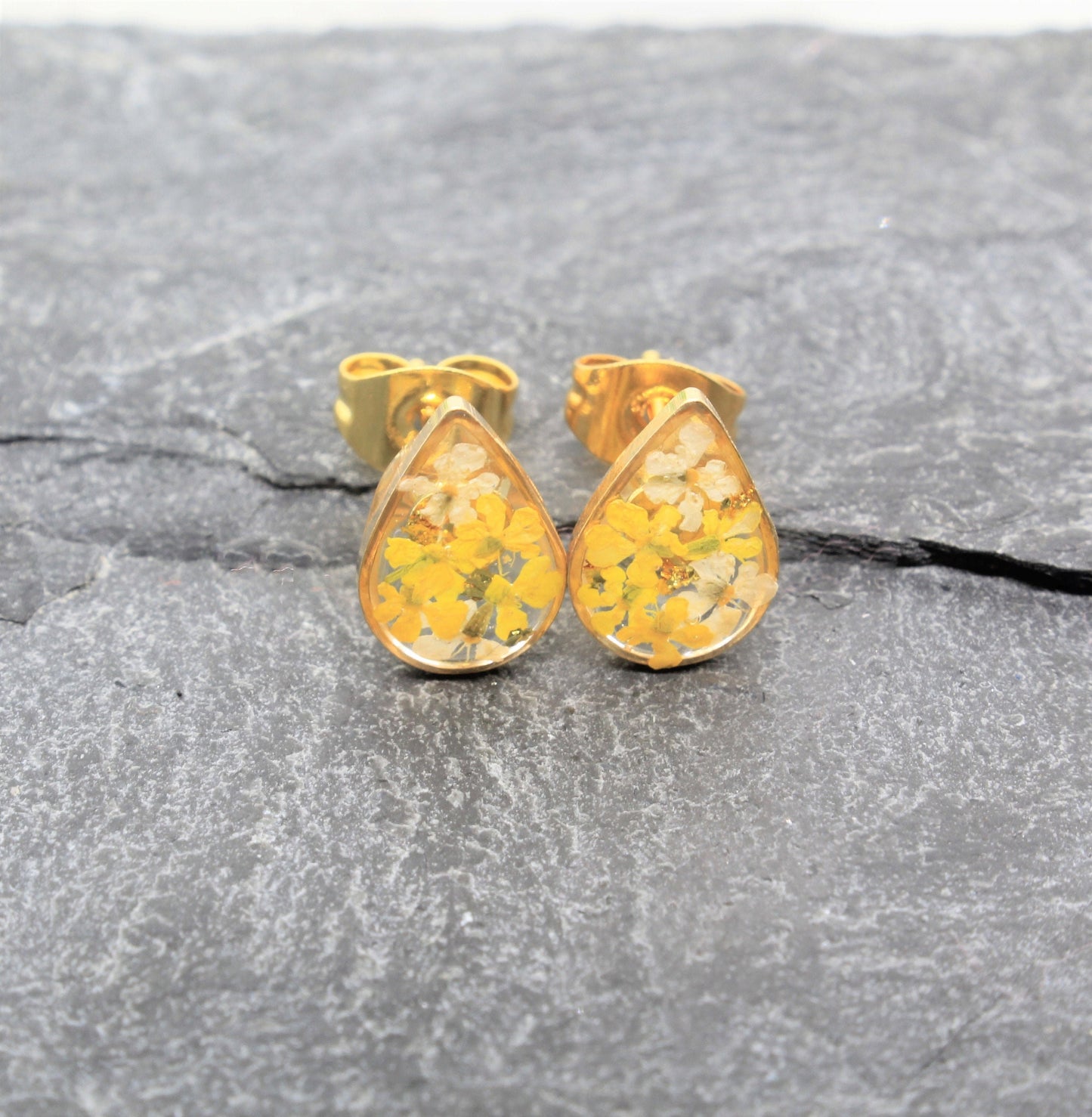 Pressed Flower Studs, Yellow, White, Gold Teardrop Posts, Dry Flower Earrings, Pressed Flower Jewelry, Real Flowers Jewelry, Pressed Flowers