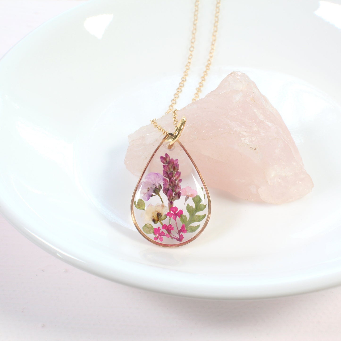 Small Pressed Flower Wildflower Teardrop Necklace