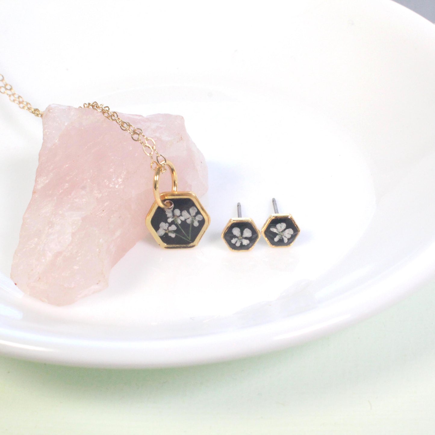 Tiny real pressed flower jewelry set, hexagons, gold silver black white, dainty, minimalist, titanium, handmade resin, mother's day gift