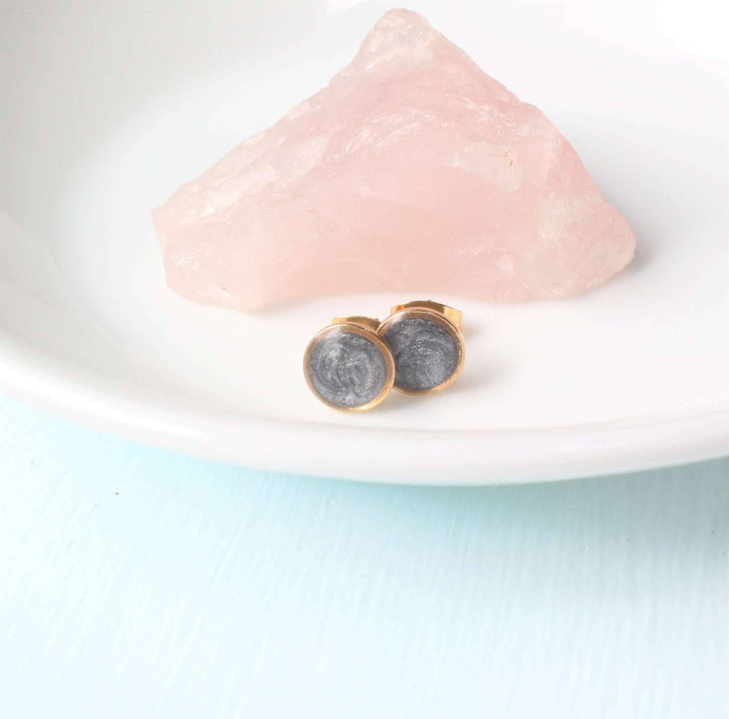 Small Modern Minimalist Gray Studs, Resin Earrings, Hypoallergenic Titanium, Geometric, Gold Circles Slate Gray, Layering, Accent Stud Posts