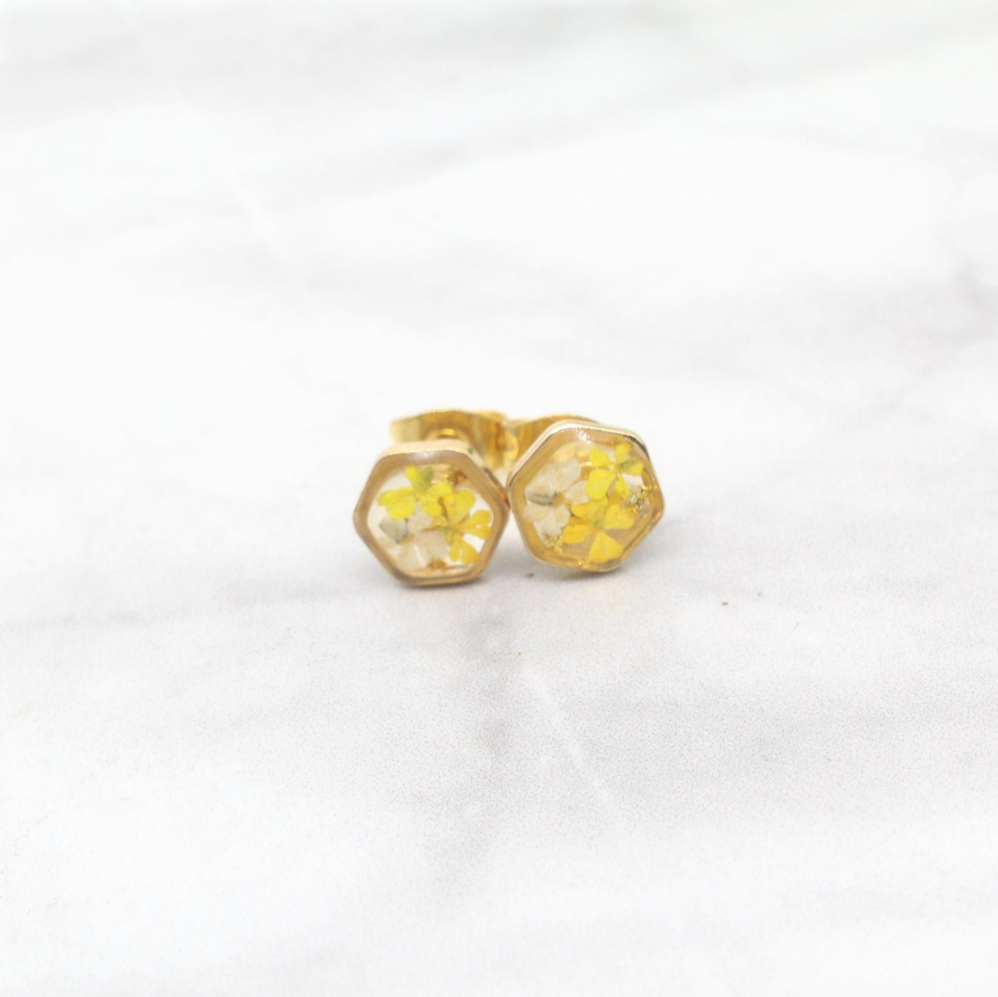 Tiny Pressed Flower Stud Earrings, Gold Hexagon Studs, Yellow Flowers, Pressed Flower Jewelry, Real Pressed Dry Flowers, Titanium, Resin