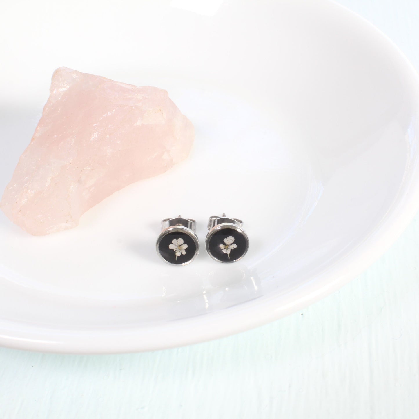 Tiny silver pressed flower stud earrings, handmade resin botanical jewelry, titanium posts, wildflowers, botanical, minimalist plant, nature