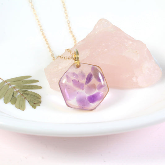Crushed Amethyst Gemstone Resin Hexagon Necklace