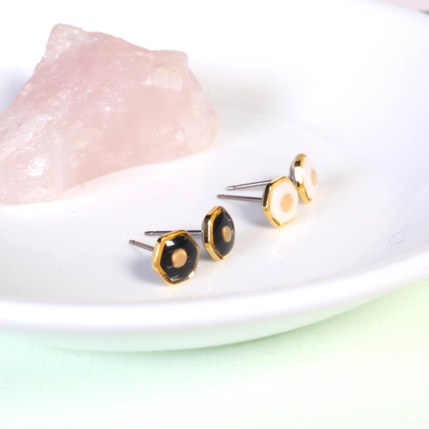 Mustard seed earrings, tiny hexagon stud earrings, hypoallergenic titanium, handmade gold faith jewelry, modern Christian gifts, religious