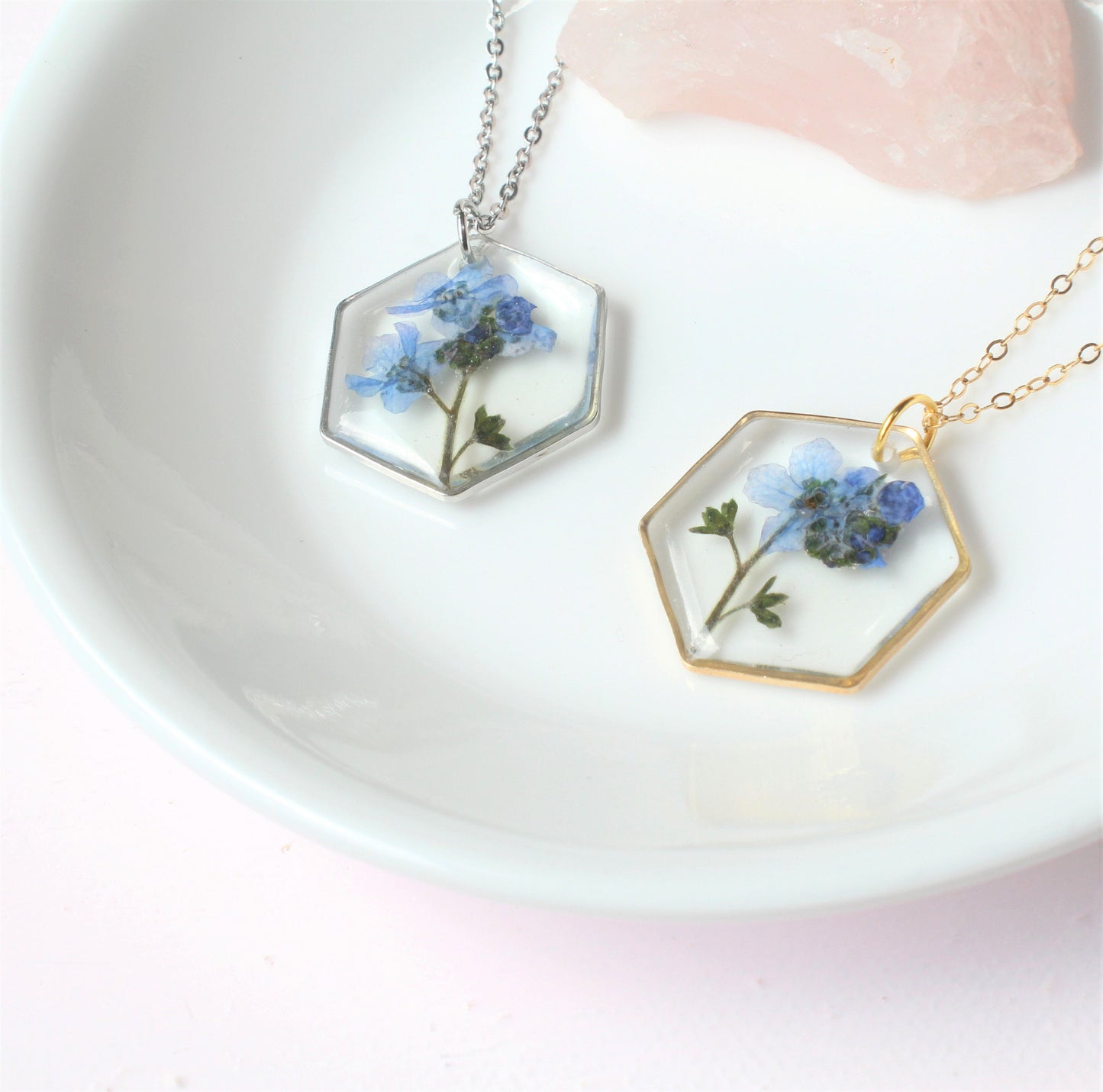 Hexagon Forget-me-not Resin Necklace