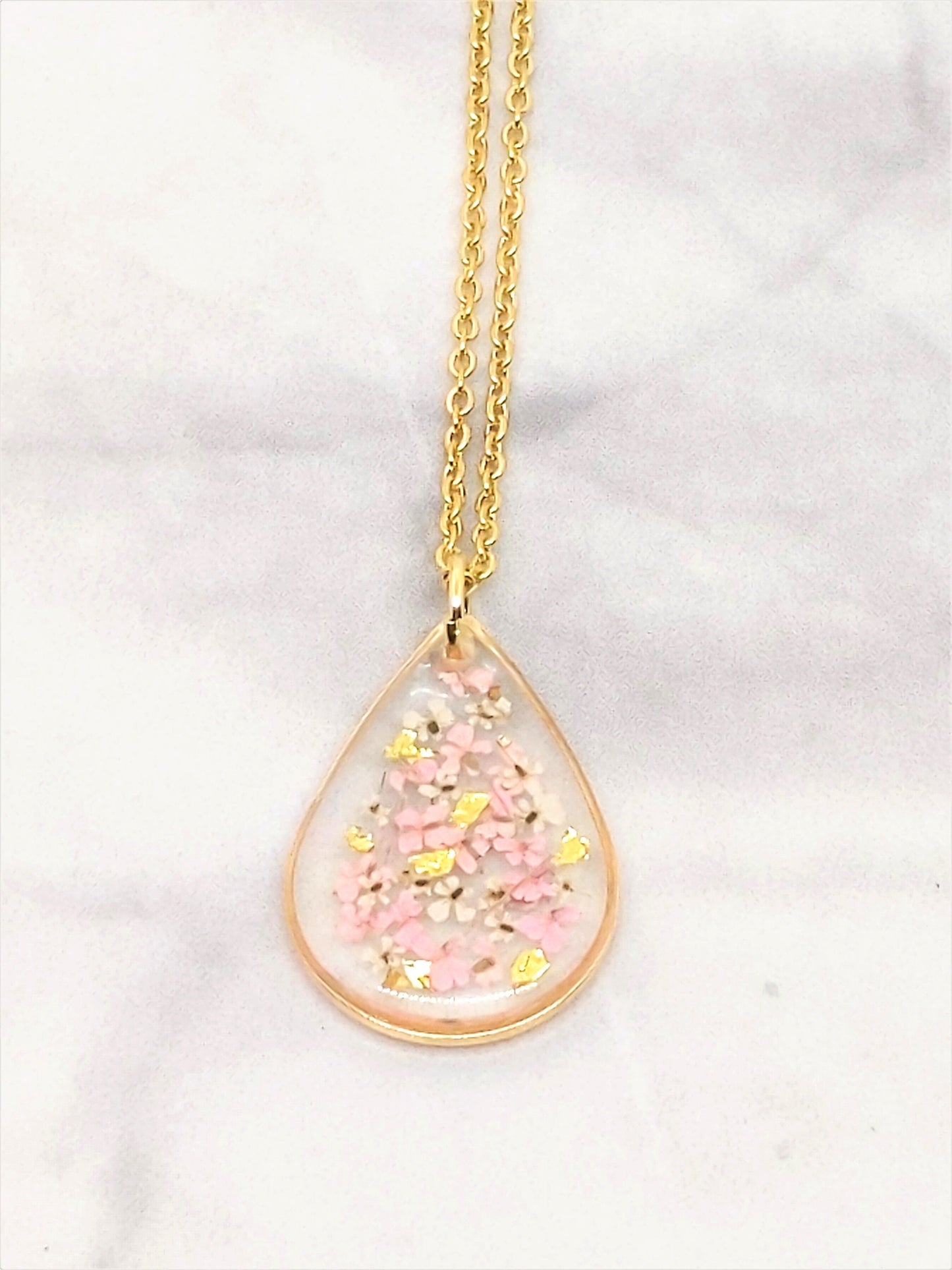 Small Real Pressed Flower Necklace, Gold, Blush Pink, White Teardrop Necklace, Pressed Flower Jewelry, Dried Flower Pendant, Resin Necklace