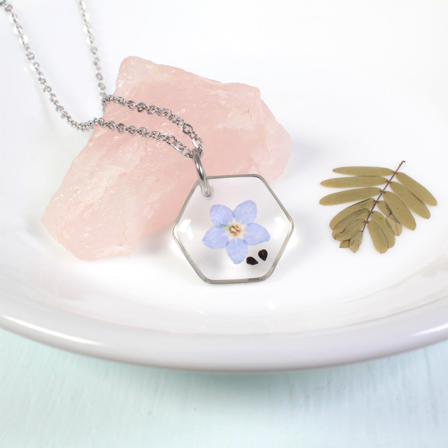 Small teardrop forget-me-not seed and flower necklace, forget me not pendant, miscarriage gift, loss, grief, remembrance, pressed flowers