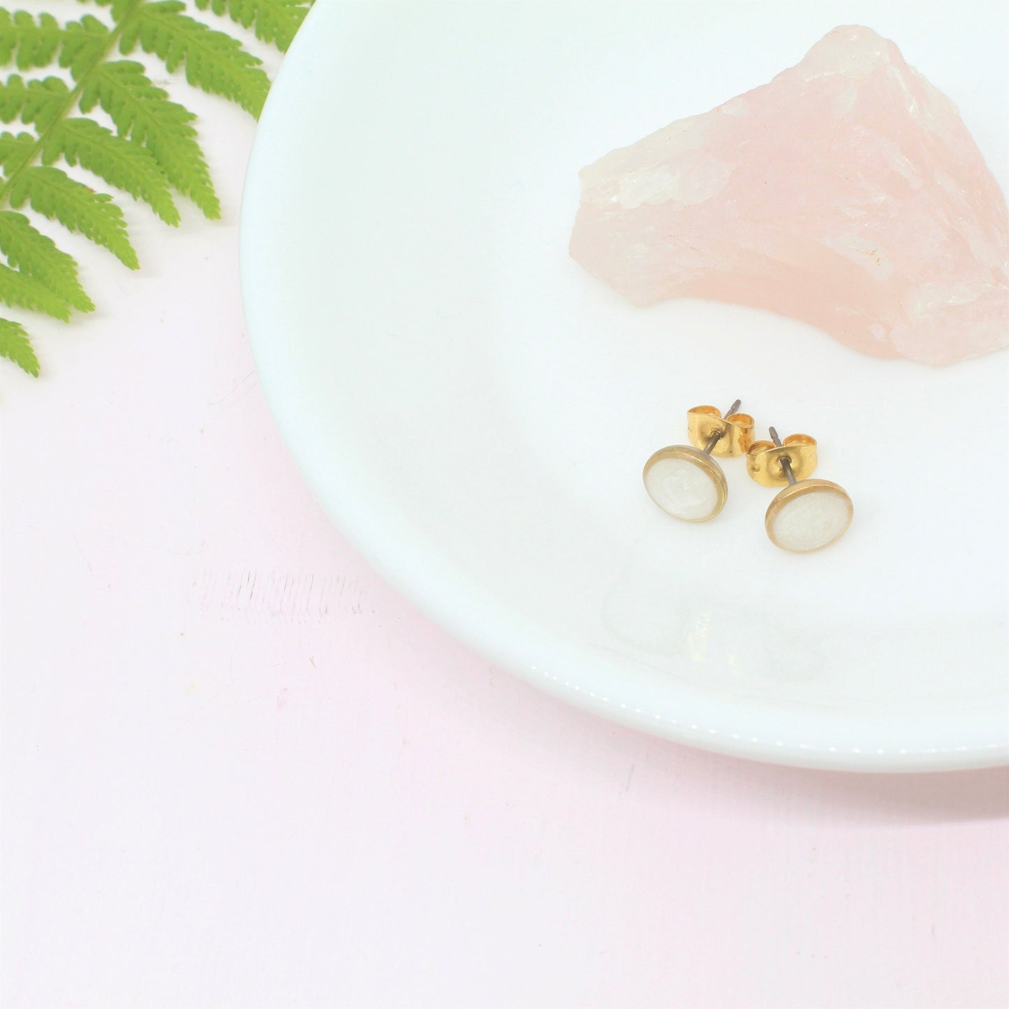Small Modern Minimalist White and Gold Studs, Resin Earrings, Hypoallergenic Titanium, Geometric Gold Circles, Frosty White, Every day Studs