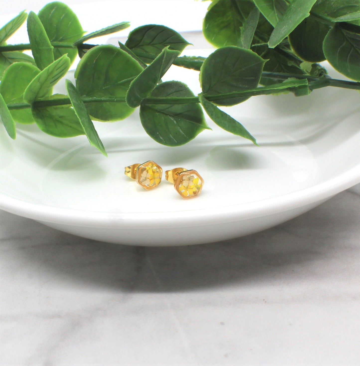Tiny Pressed Flower Stud Earrings, Gold Hexagon Studs, Yellow Flowers, Pressed Flower Jewelry, Real Pressed Dry Flowers, Titanium, Resin