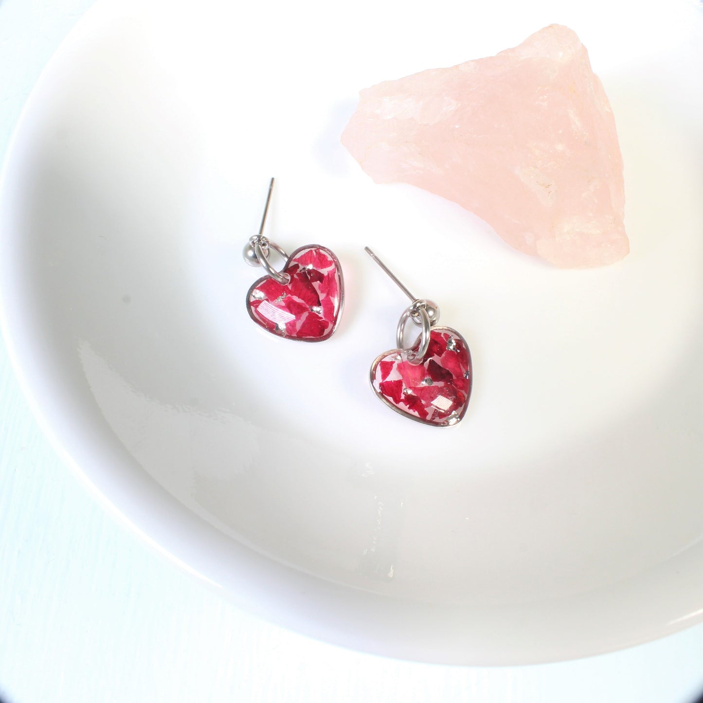 Heart Shaped Rose Petal Resin Dangle Earrings