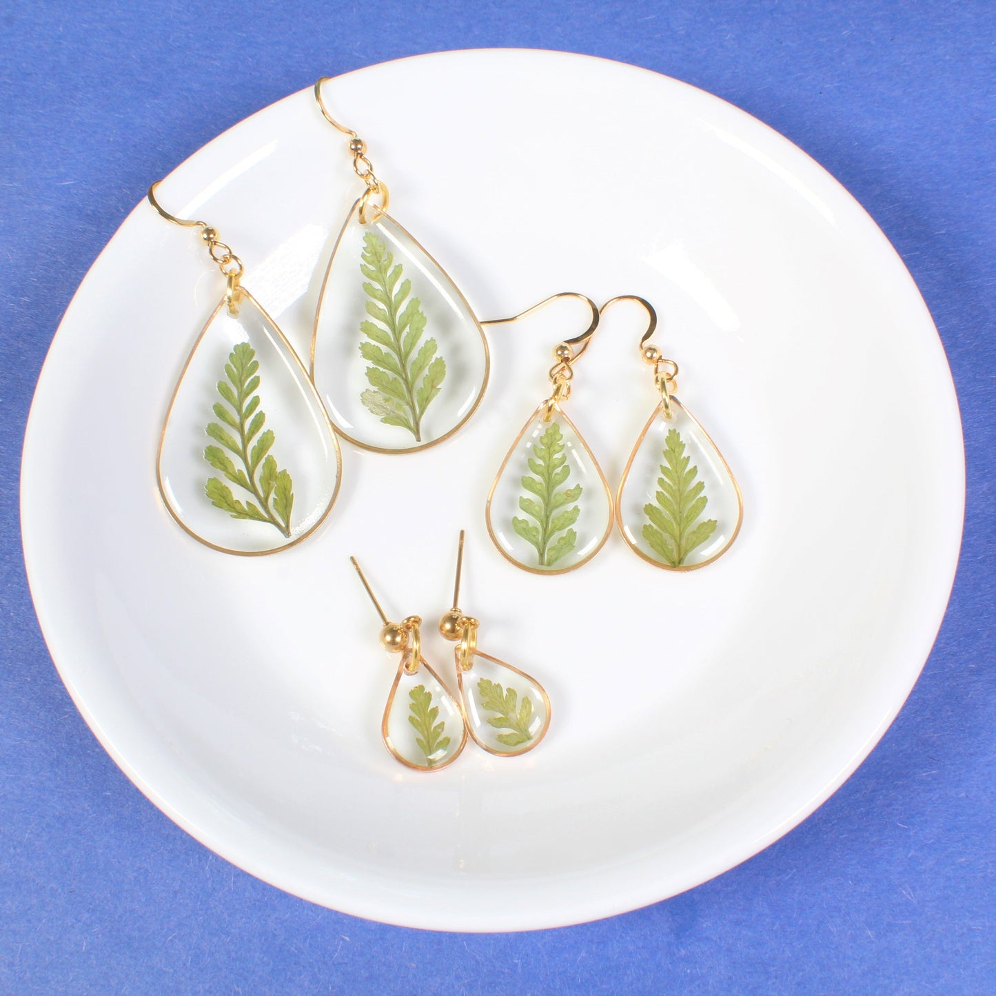 Fern Dangle Earrings, Pressed Leaf Teardrop Earrings, Real Plant Jewelry, Lightweight, Resin, Handmade, Pressed Flowers, Gold, Silver