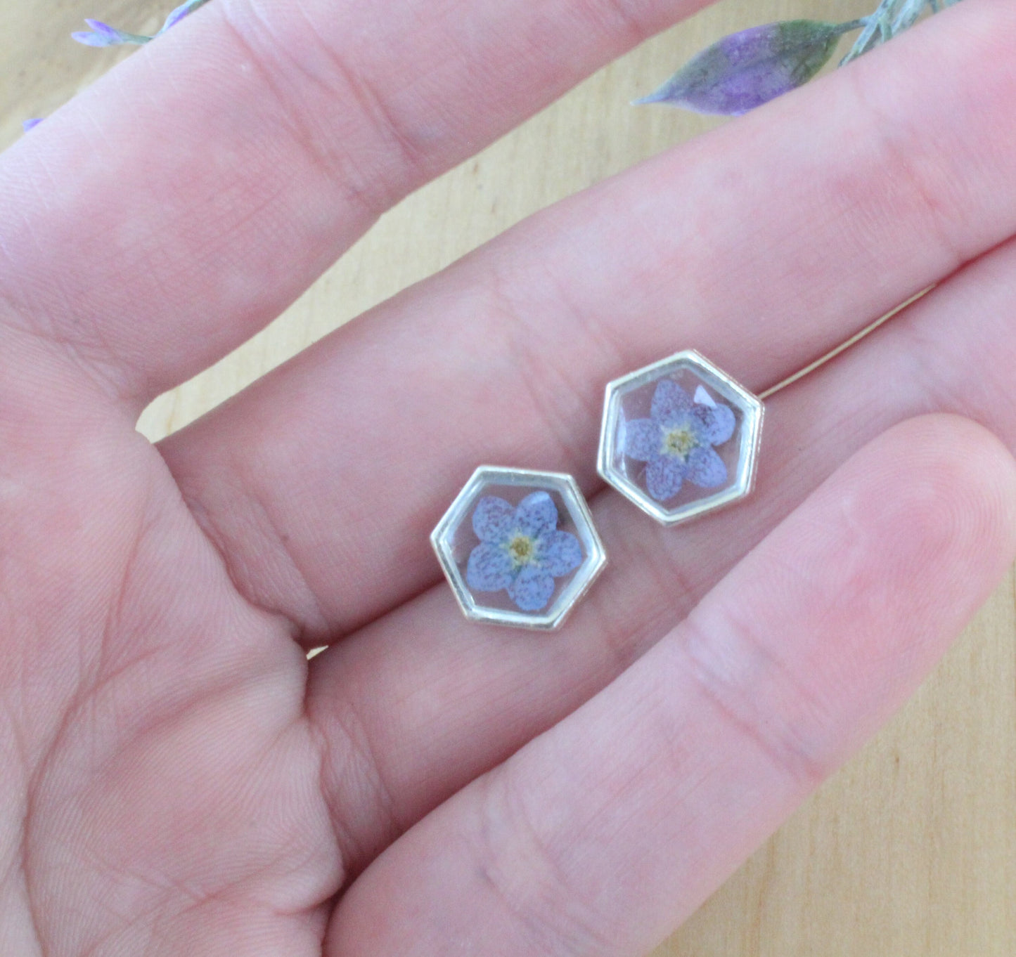 Pressed Flower Earrings, Blue Forget-me-not Studs, Silver Hexagons, Real Dried Flowers, Resin, Plant Jewelry, Forget me not, Titanium Posts