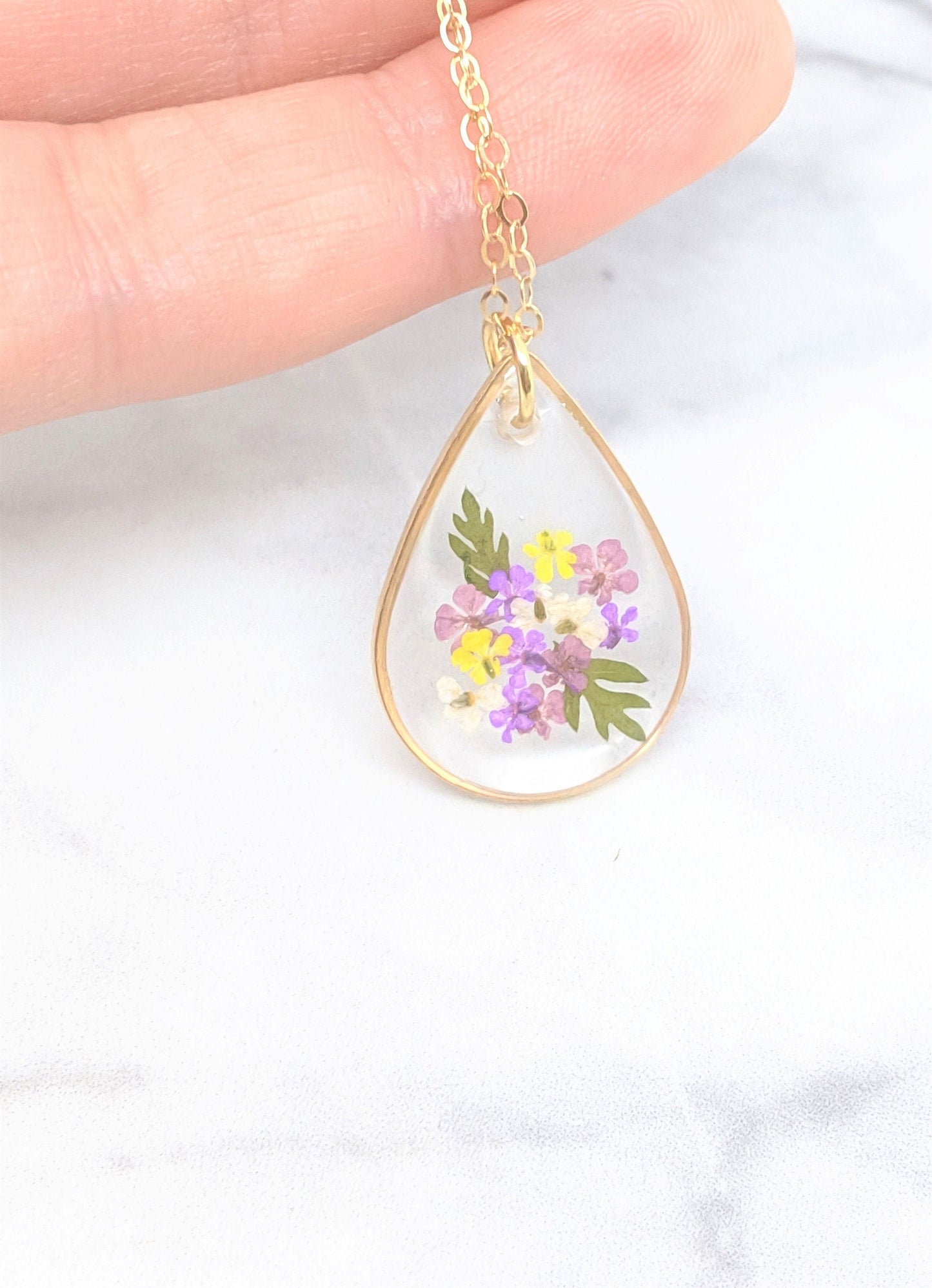Small Purple Pressed Flower Bouquet Teardrop Pendant Necklace