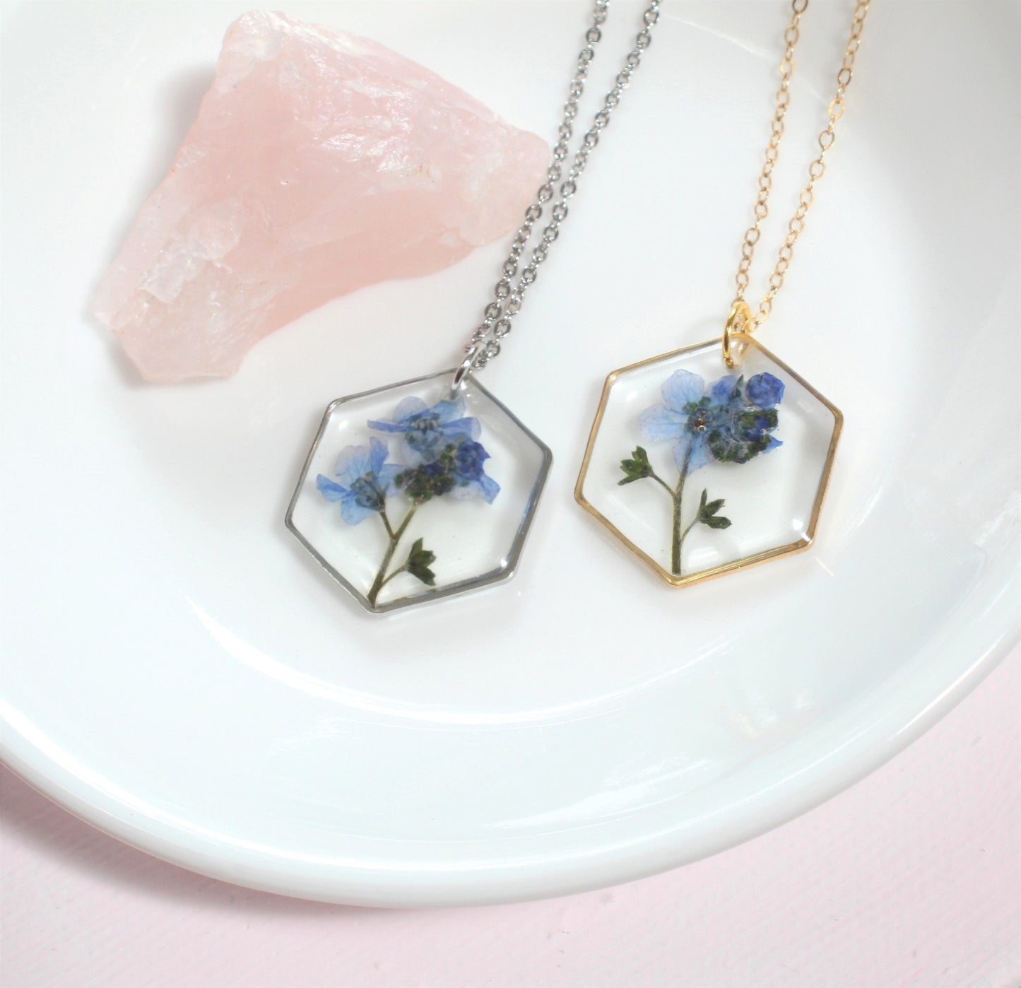 Hexagon Forget-me-not Resin Necklace