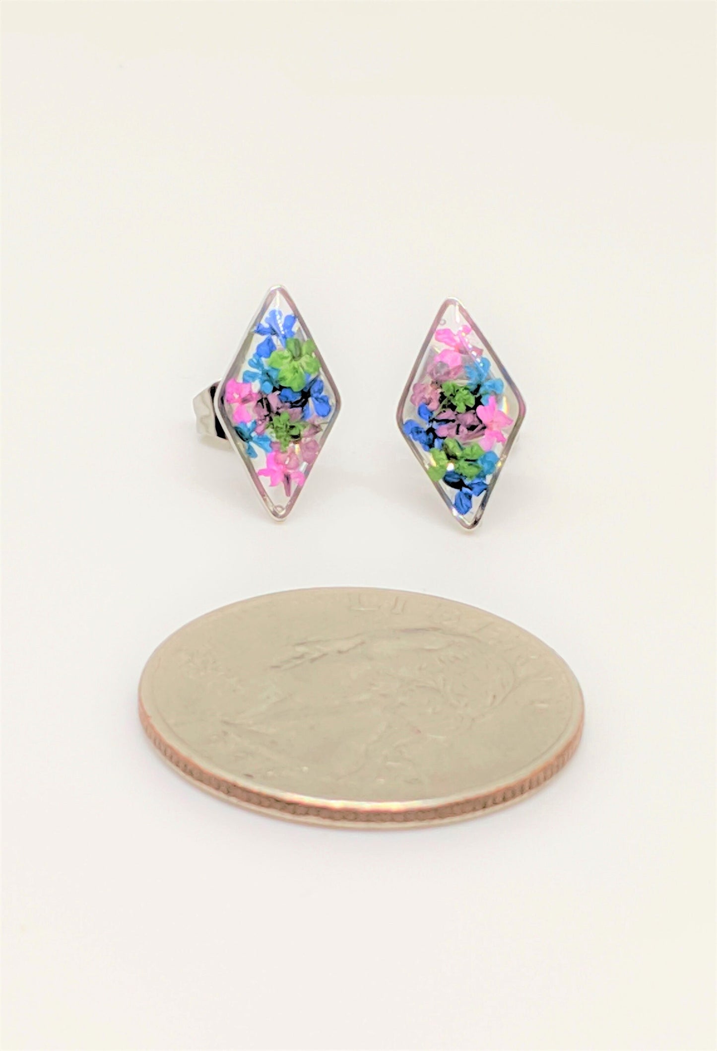 Silver Diamond-Shaped Rhombus Post Earrings with Real Pressed Flowers in Navy, Fuchsia, and Green, Titanium, Real flower jewelry, colorful