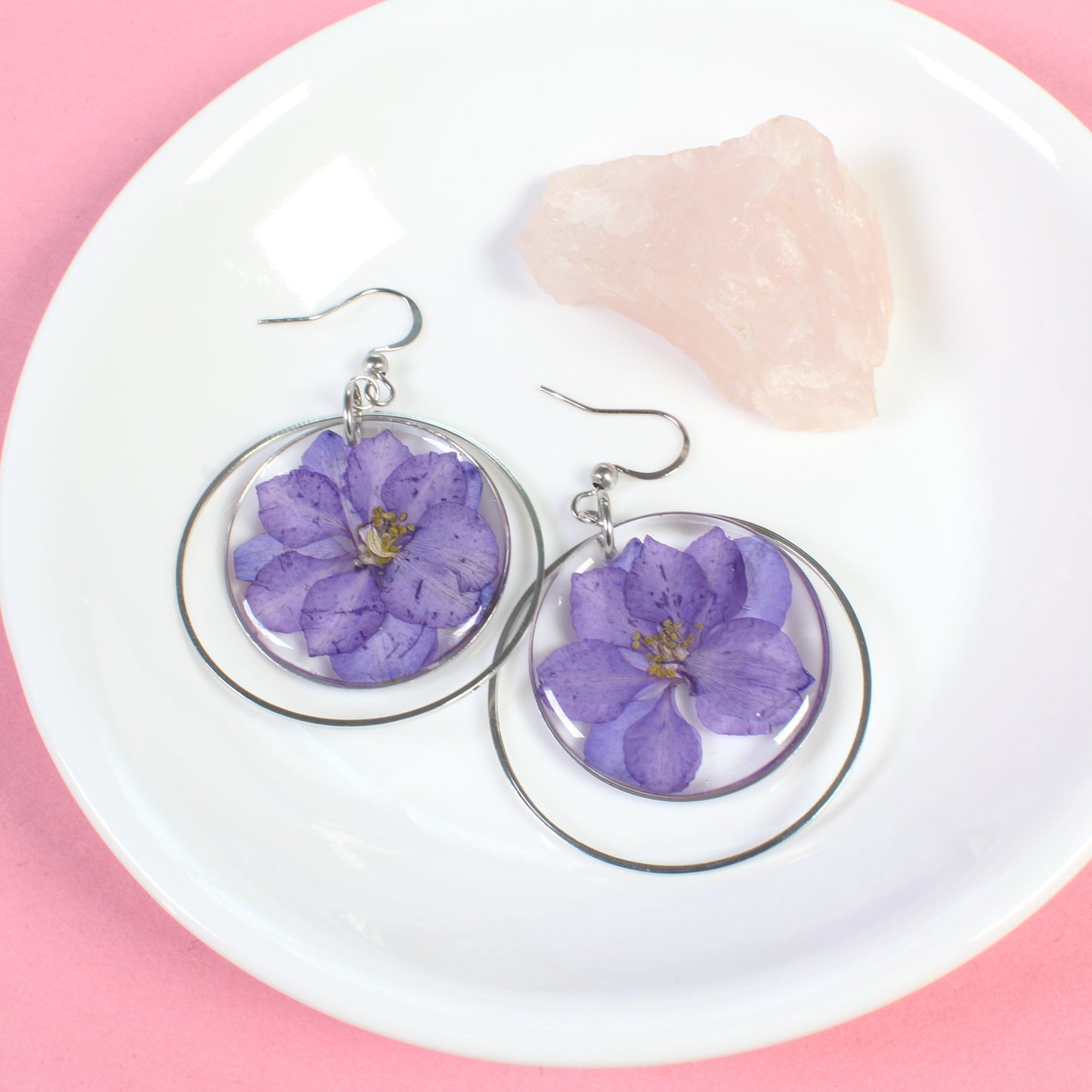 July birth flower earrings, large pressed larkspur flower dangles, handmade resin dried flower jewelry, dark or light purple, silver, gold