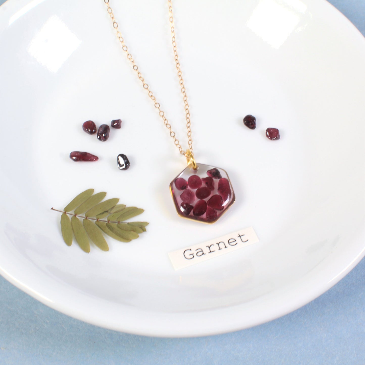 Garnet necklace, small red gemstone jewelry, January birthstone necklace, resin crystal pendant, handmade red garnet jewelry, scarlet, boho