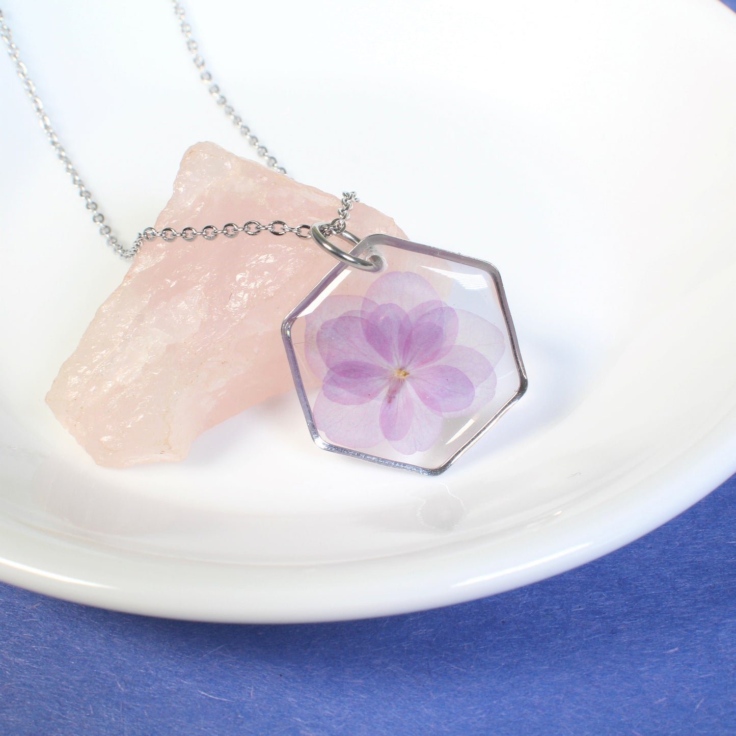 Hydrangea necklace, real pressed flower pendant, purple, blue, gold, silver, handmade resin dried flower jewelry, hexagon, botanical, nature