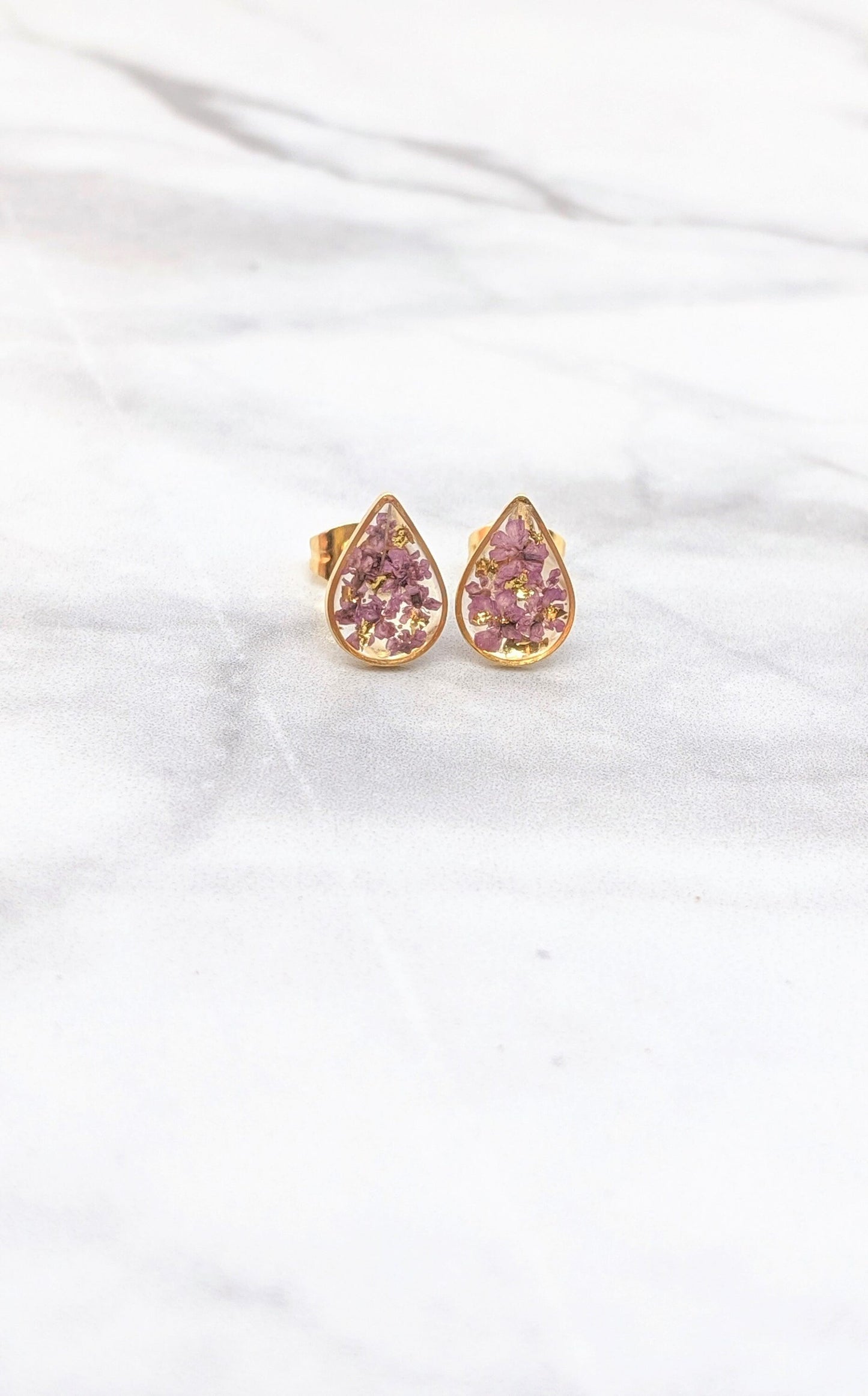 Pressed Flower Earrings, Dusty Purple, Gold Teardrop Studs, Lavender, Mauve, Lilac Posts, Pressed Flower Jewelry, Real Dried Flower Earrings