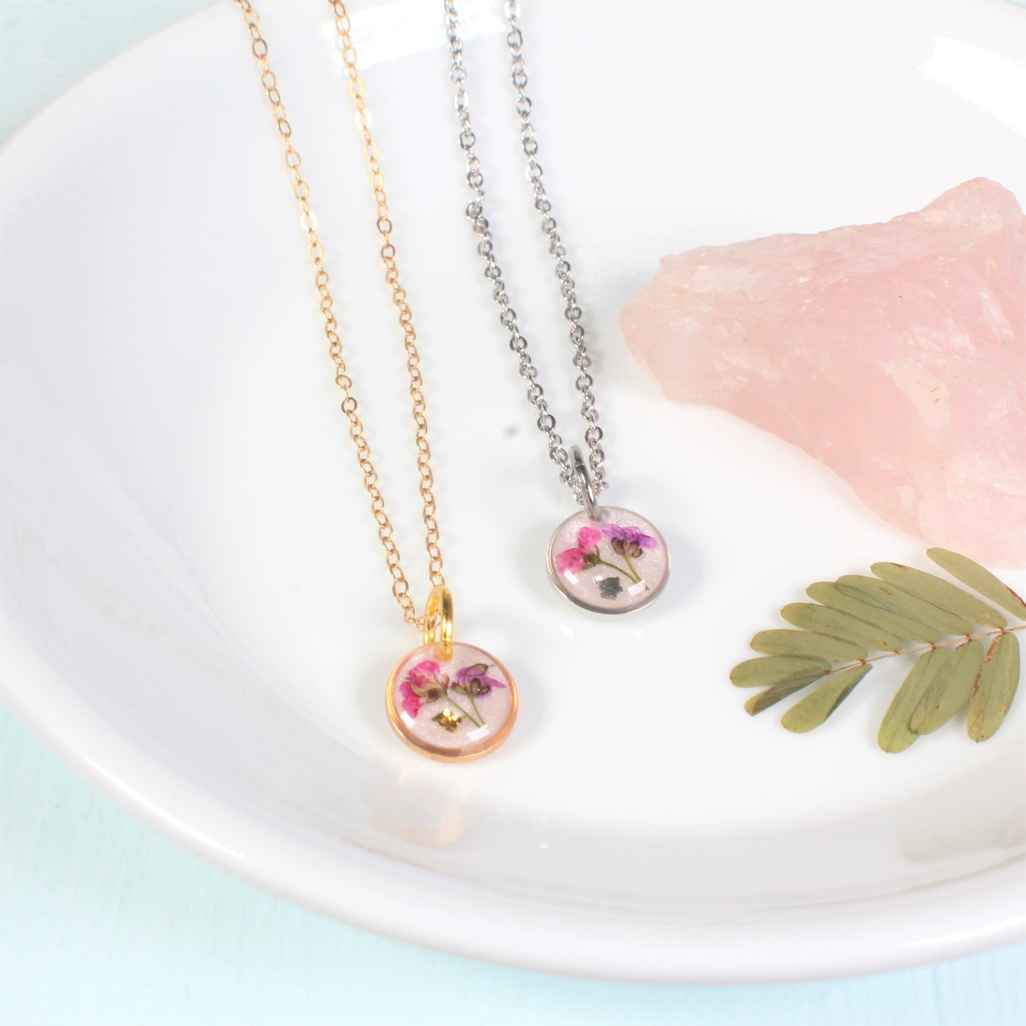 Tiny Pressed Flower Necklace, Dainty Micro Jewelry, Dried Flowers in Resin, Small, Delicate, Handmade Botanical Plant Pendant, Minimalist