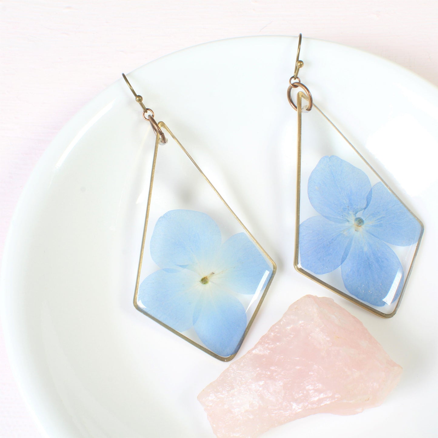 Large hydrangea earrings, blue pressed flower dangle earrings, resin dried flower jewelry, handmade, kite shaped, triangle resin earring