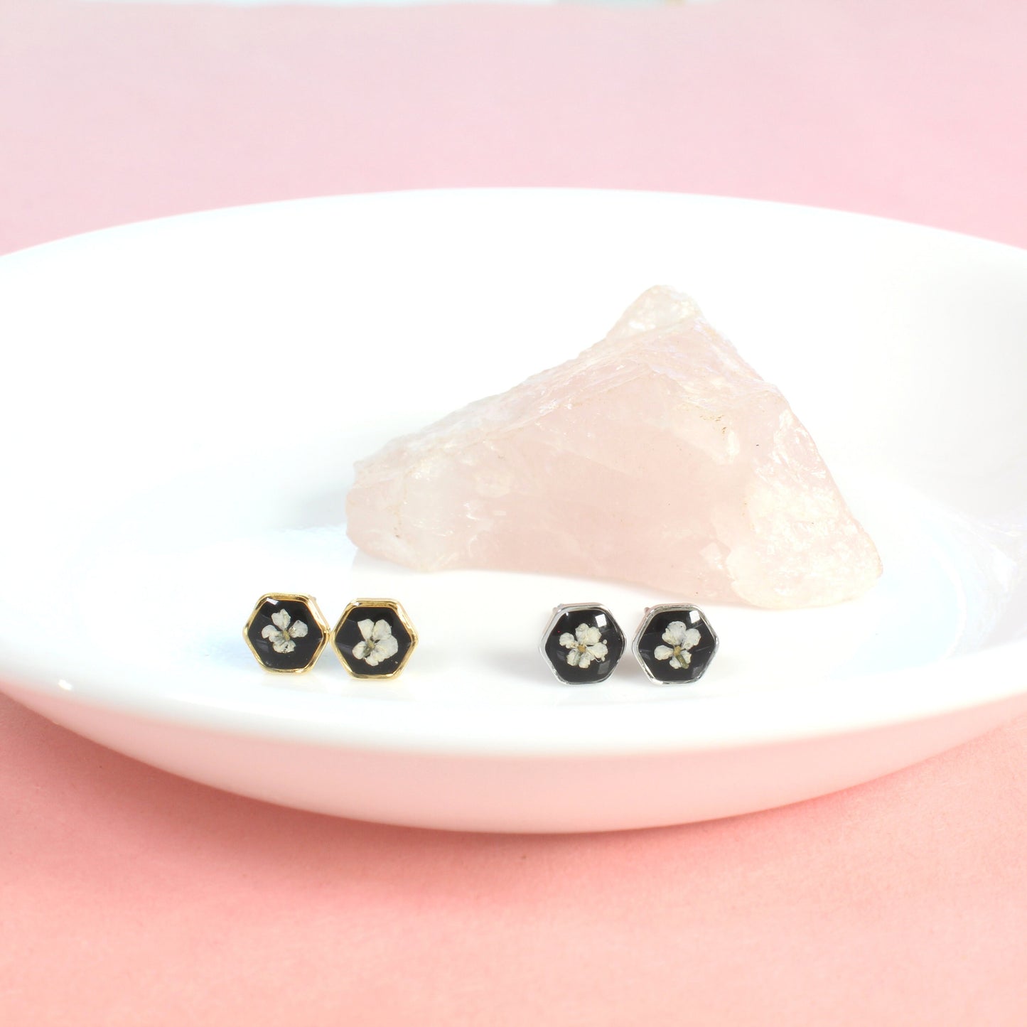 Tiny real pressed flower earrings, Gold hexagons, white, black, minimalist studs, pressed flowers, titanium posts, handmade resin jewelry
