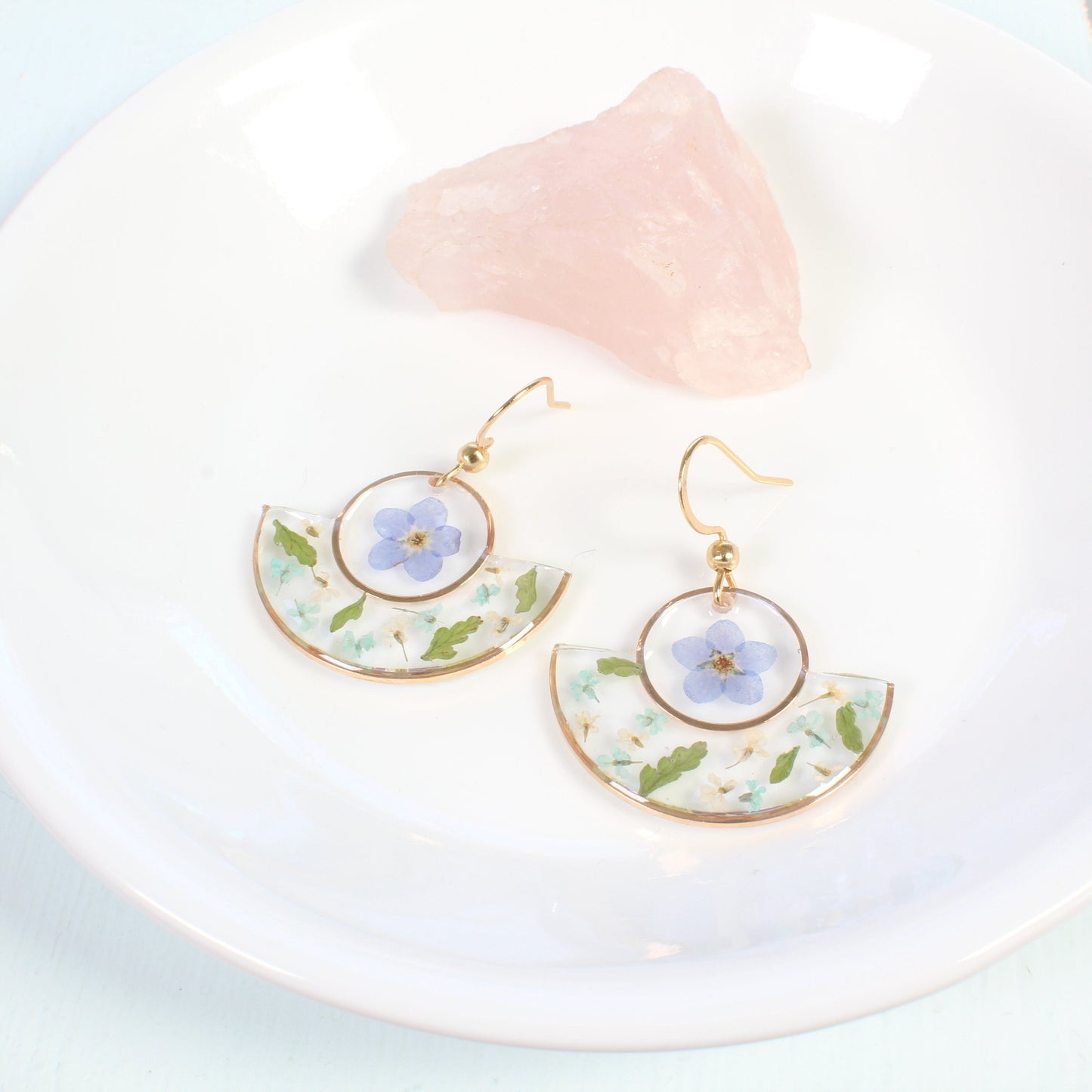 Geometric Pressed Flower Resin Dangle Earrings with Forget-me-nots