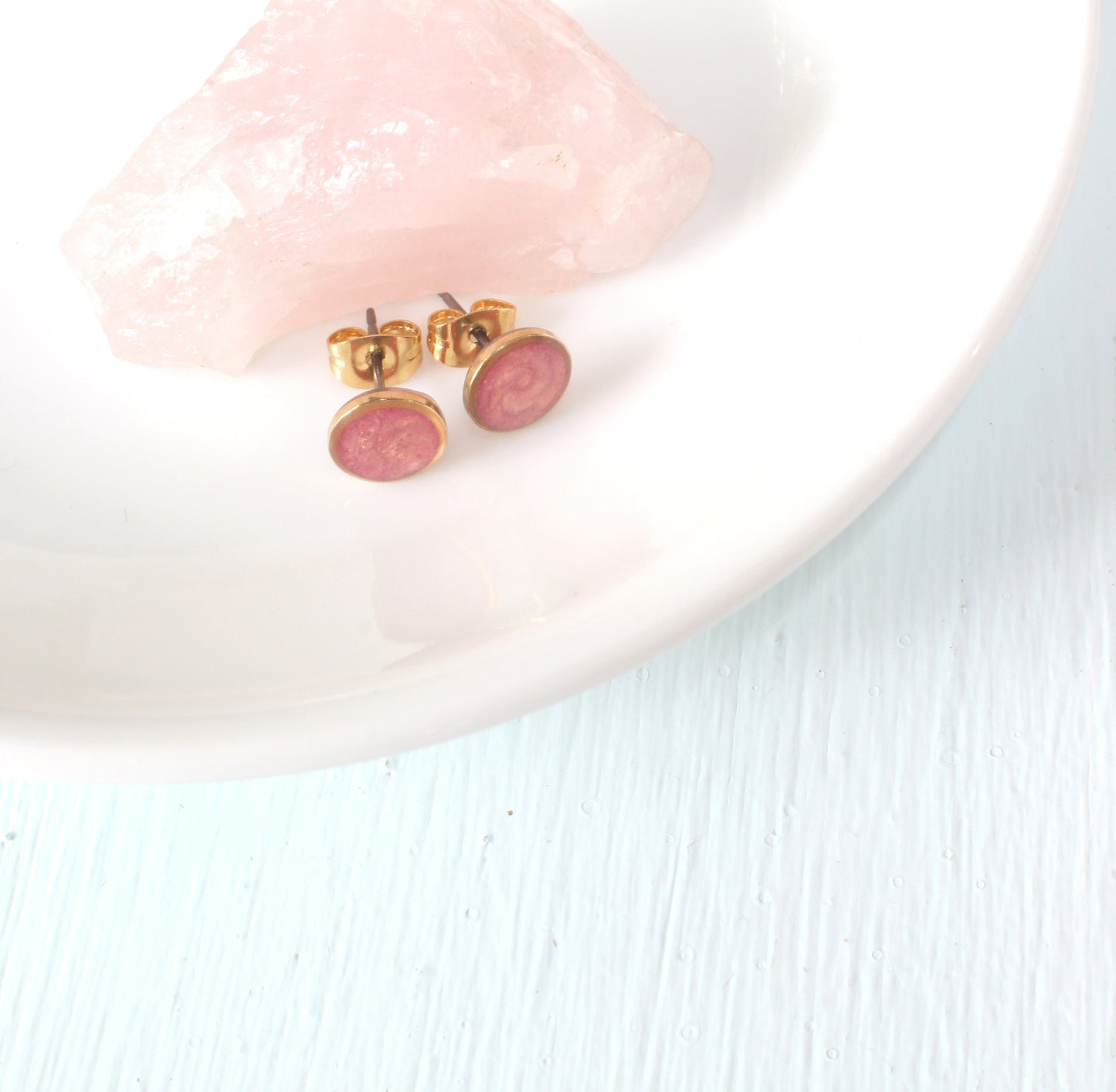 Small Modern Minimalist Blush Studs | Resin Earrings | Hypoallergenic Titanium | Geometric | Gold Circles, Peachy Blush | Layering Accent
