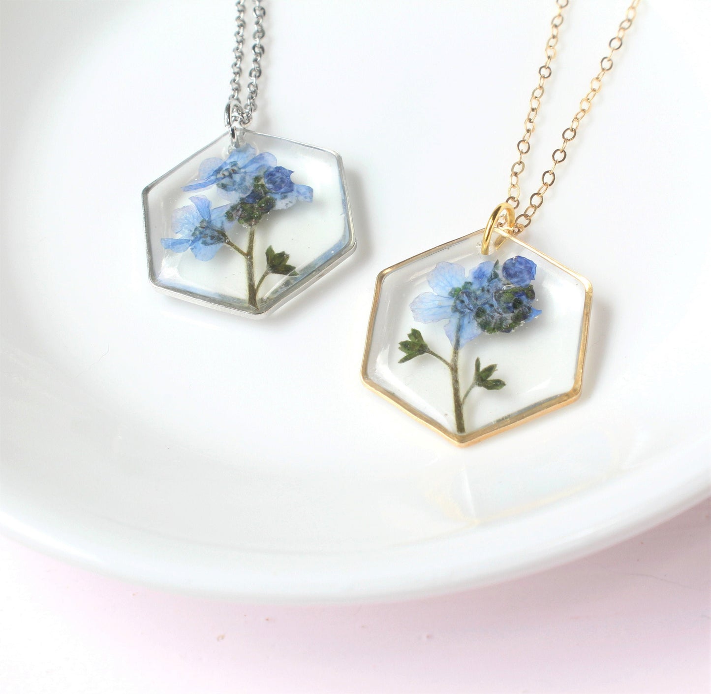 Hexagon Forget-me-not Resin Necklace