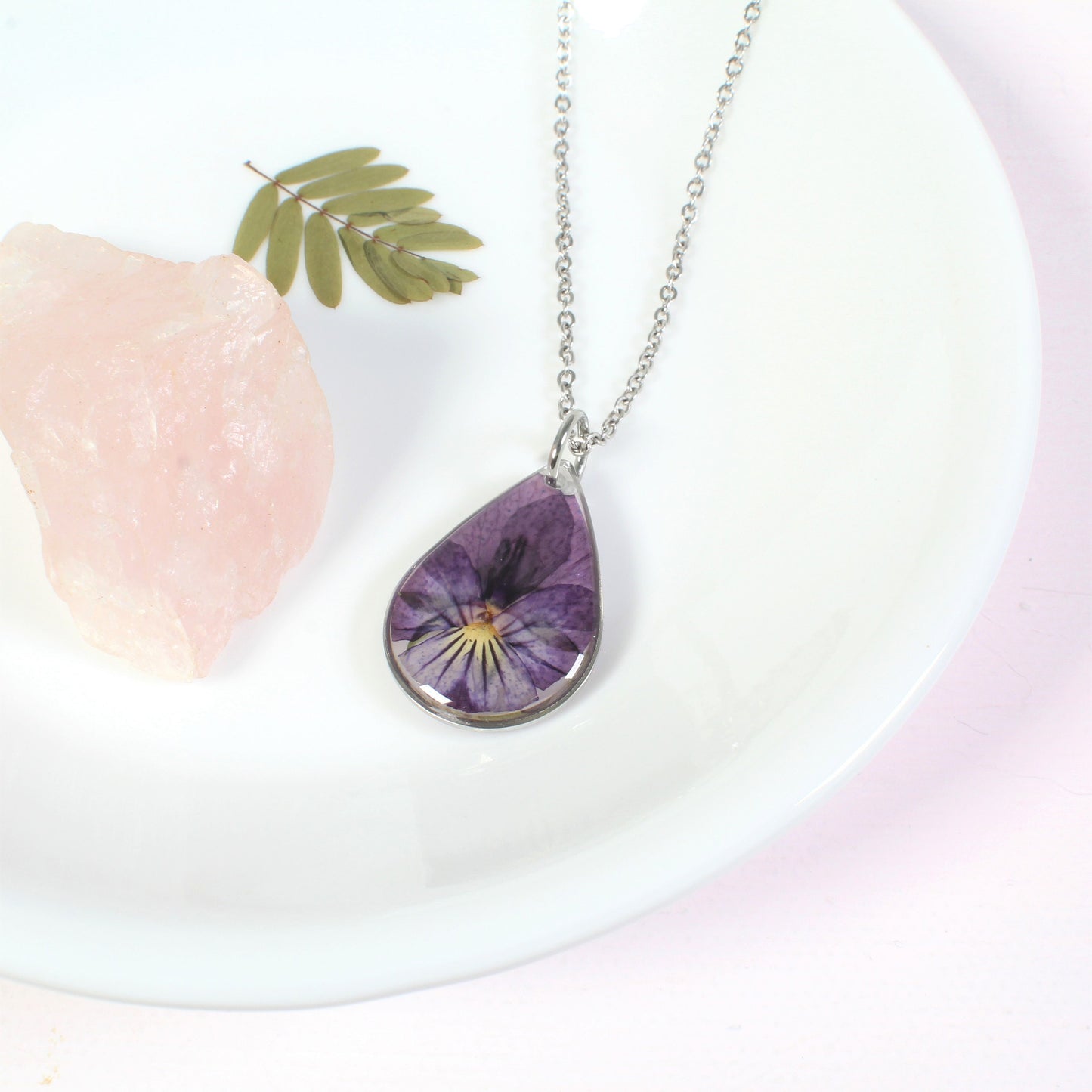 Violet necklace, Small pressed flower pendant, real pansy viola, resin, handmade botanical teardrop necklace, February birth flower, nature
