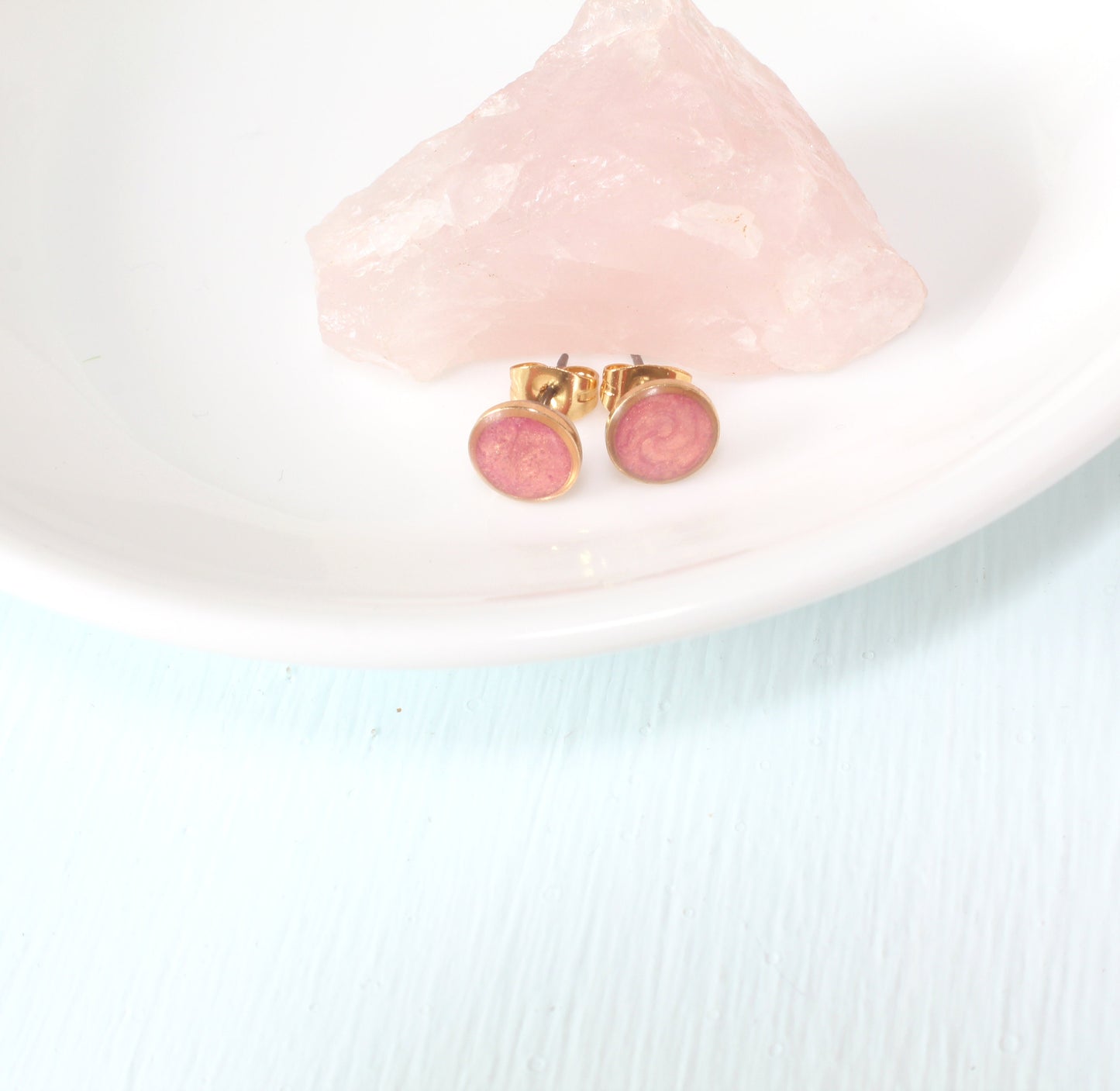 Small Modern Minimalist Blush Studs | Resin Earrings | Hypoallergenic Titanium | Geometric | Gold Circles, Peachy Blush | Layering Accent