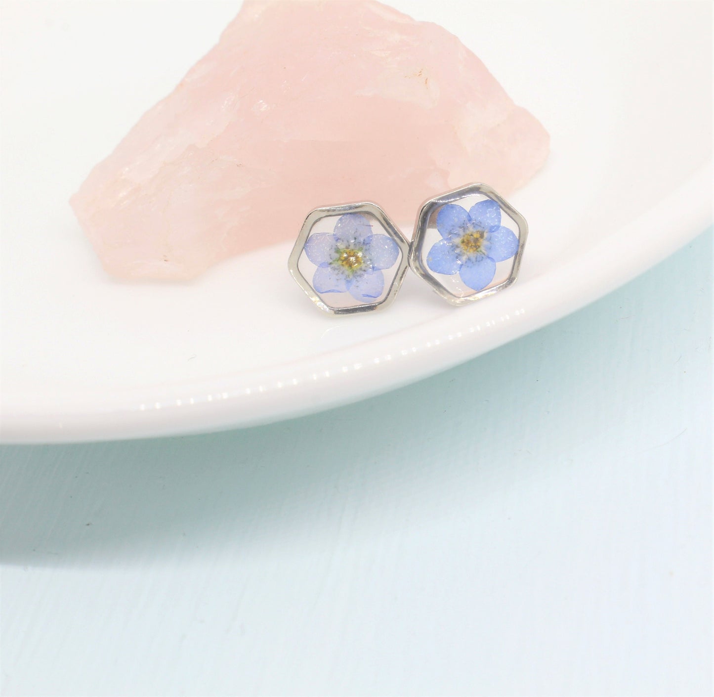 Pressed Flower Earrings, Forget-Me-Not Studs, Hypoallergenic Titanium Posts, Real Dry Flower, Plant, Hexagon, Gold, Silver, Preserved Nature