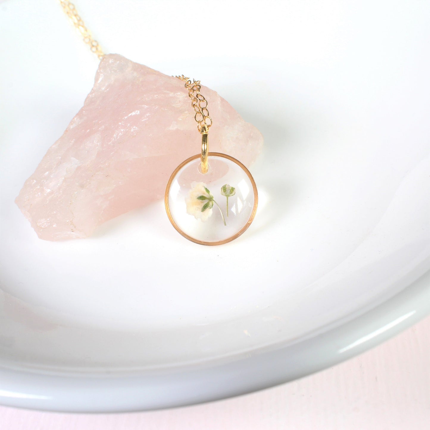 Dainty baby's breath necklaces, small pressed flower teardrop pendants, dried white flowers, resin jewelry, handmade handcrafted nature gift