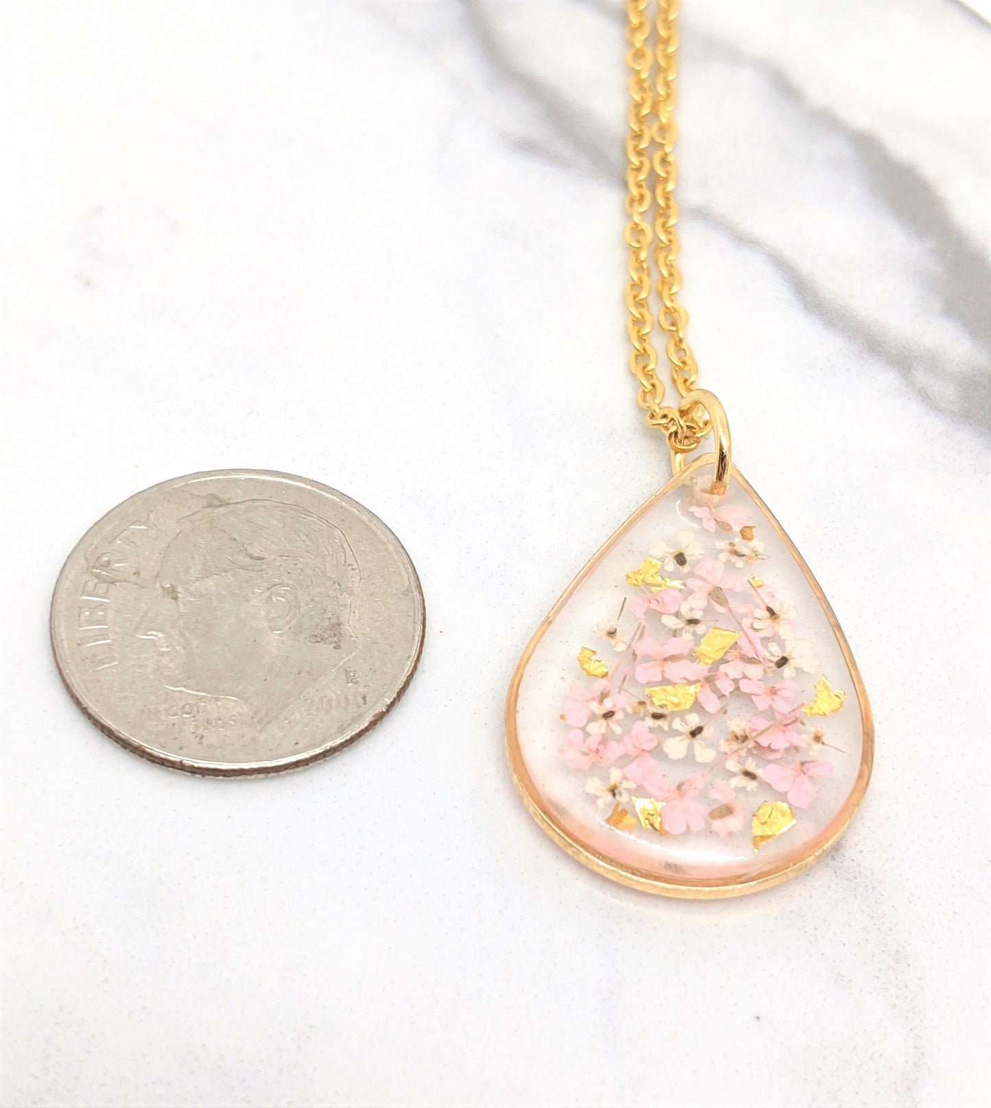 Small Real Pressed Flower Necklace, Gold, Blush Pink, White Teardrop Necklace, Pressed Flower Jewelry, Dried Flower Pendant, Resin Necklace