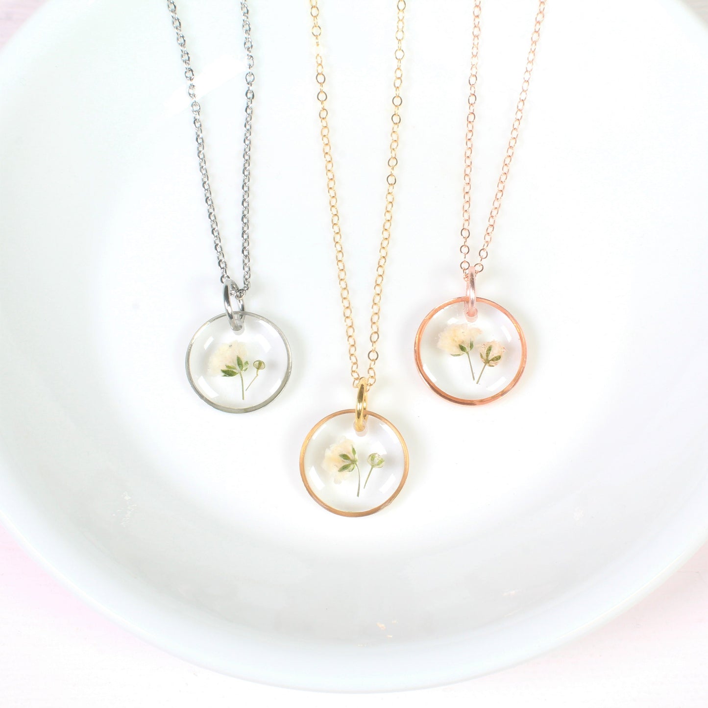 Dainty baby's breath necklaces, small pressed flower teardrop pendants, dried white flowers, resin jewelry, handmade handcrafted nature gift