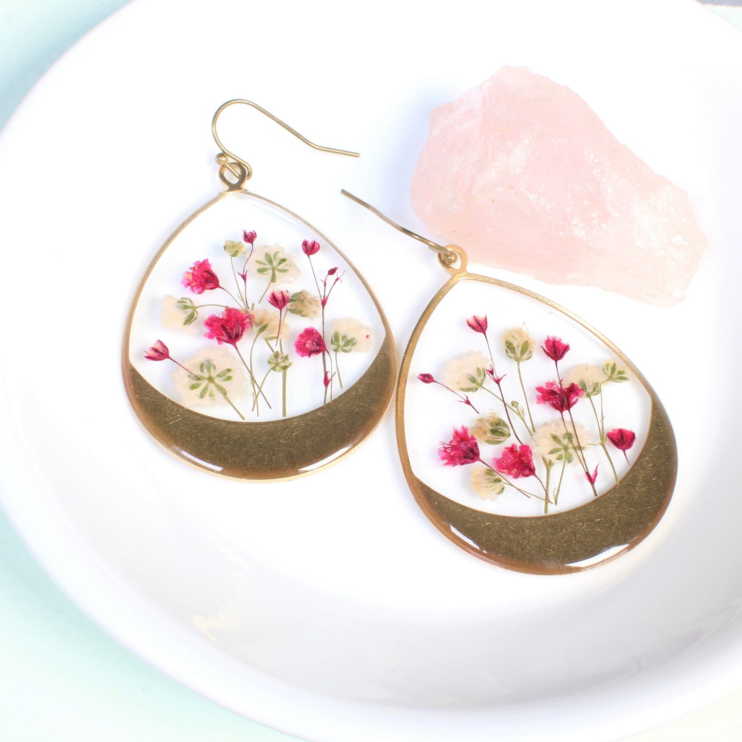Large pressed flower dangle earrings, white and deep pink baby's breath, lightweight, gypsophila earrings, handmade resin flower jewelry