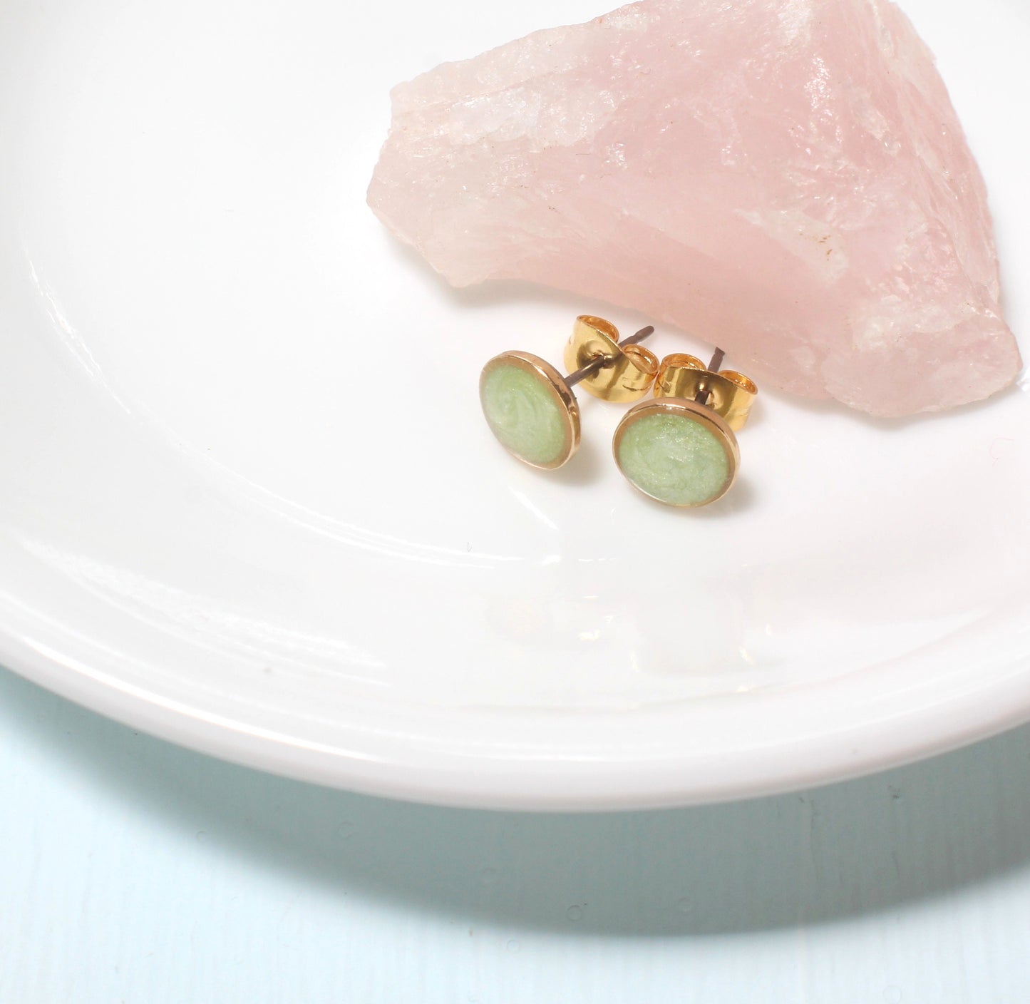 Small Modern Minimalist Mint Studs | Resin Post Earrings | Hypoallergenic Titanium | Geometric | Gold Circles, Mint Green | Layering Accent
