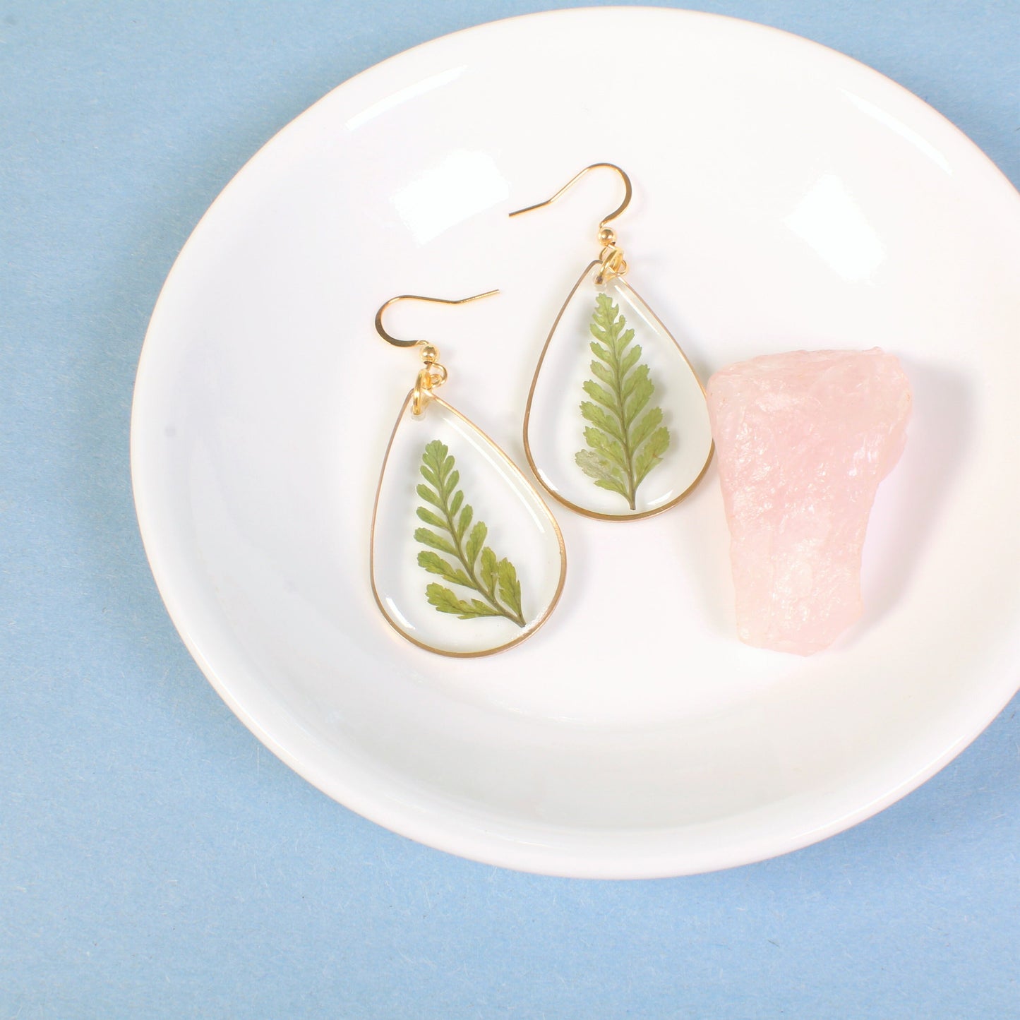 Fern Dangle Earrings, Pressed Leaf Teardrop Earrings, Real Plant Jewelry, Lightweight, Resin, Handmade, Pressed Flowers, Gold, Silver