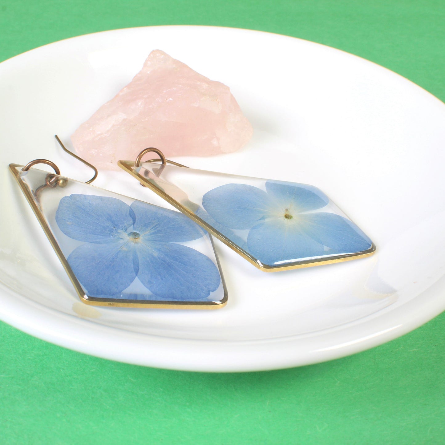 Large hydrangea earrings, blue pressed flower dangle earrings, resin dried flower jewelry, handmade, kite shaped, triangle resin earring