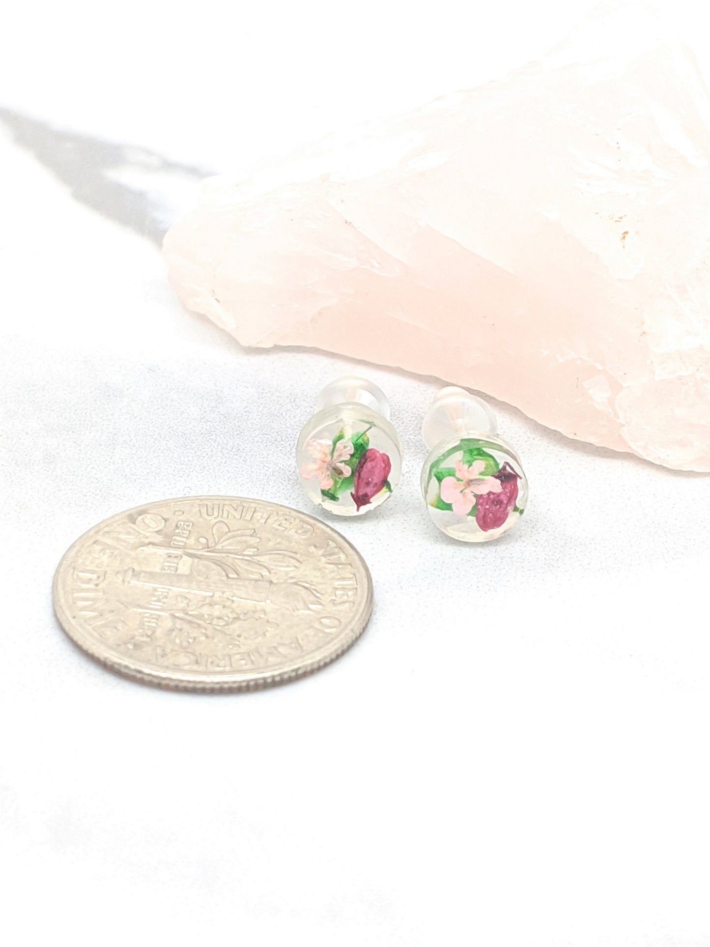Pressed Flower Earrings, Teeny Tiny Post Earrings in Magenta, Light Pink, and Green, Real Flower Jewelry , Minimalist Posts, Titanium studs