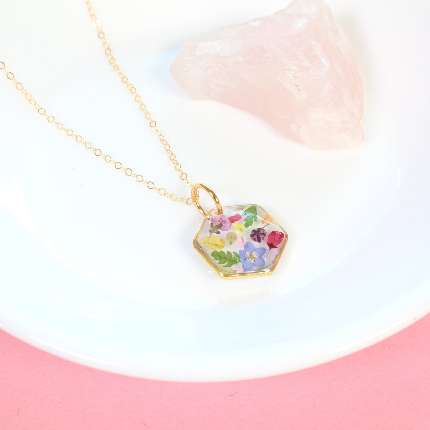 Small pressed flower necklace, mixed wildflower resin pendant, handmade botanical jewelry, dried flowers, plant lover gift, garden party