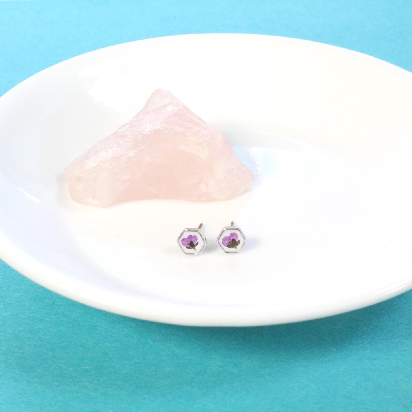 Teeny tiny gold pressed flower earrings, hexagon titanium studs, botanical plant jewelry, nature lover gift, dry flower resin posts, purple