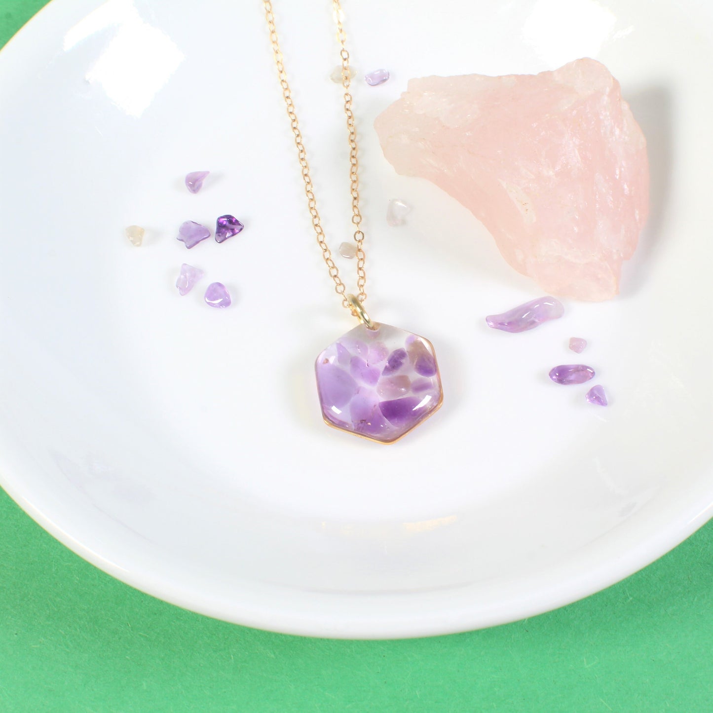 Crushed Amethyst Gemstone Resin Hexagon Necklace