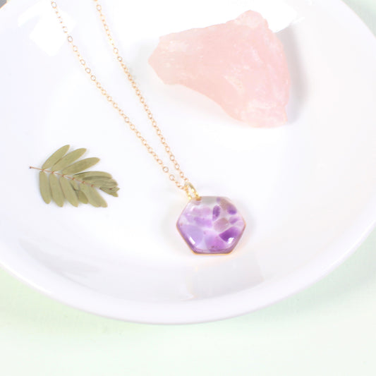 Crushed Amethyst Gemstone Resin Hexagon Necklace