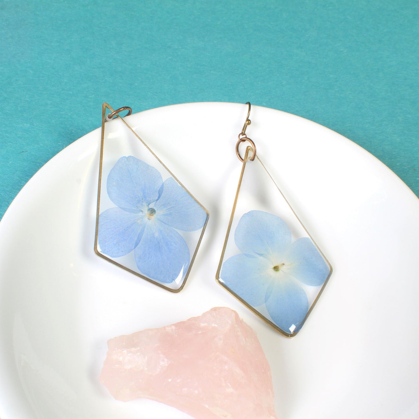Large hydrangea earrings, blue pressed flower dangle earrings, resin dried flower jewelry, handmade, kite shaped, triangle resin earring