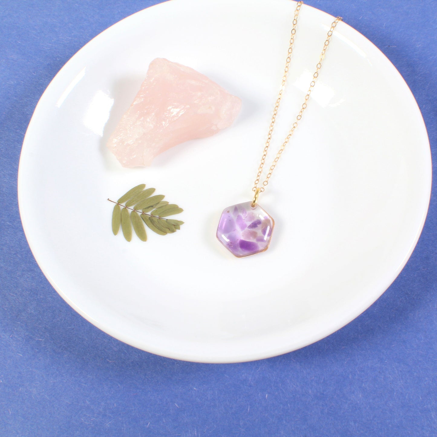 Crushed Amethyst Gemstone Resin Hexagon Necklace