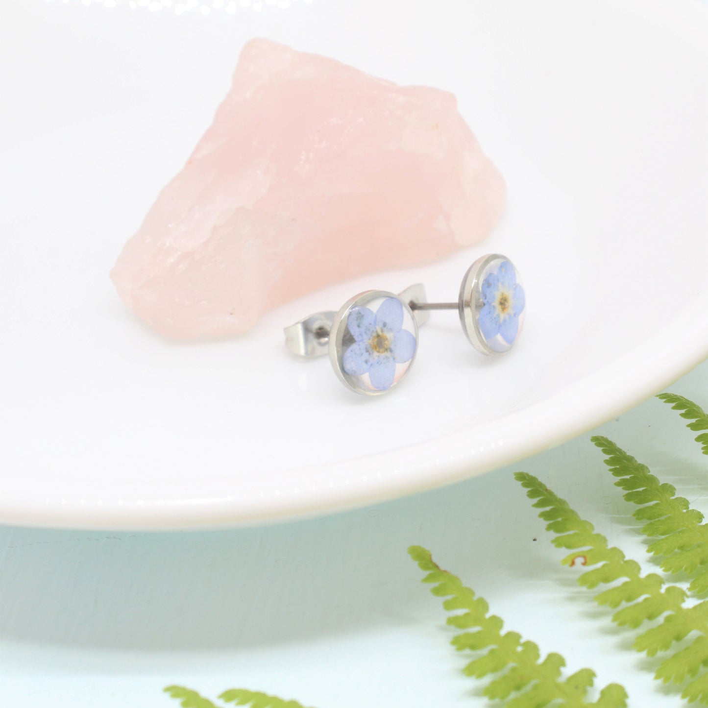 Pressed Flower Earrings, Blue Forget-me-not Studs, Silver Circle Earring, Hypoallergenic titanium Jewelry, Real DriyFlowers Resin Plant Stud