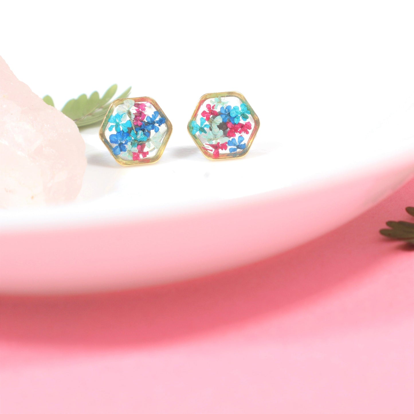 Pressed Flower Studs, Maroon, Teal, Navy Hexagon Studs, Real Flower Jewelry, Dried Flowers, Resin Plant Earrings, Hypoallergenic Titanium